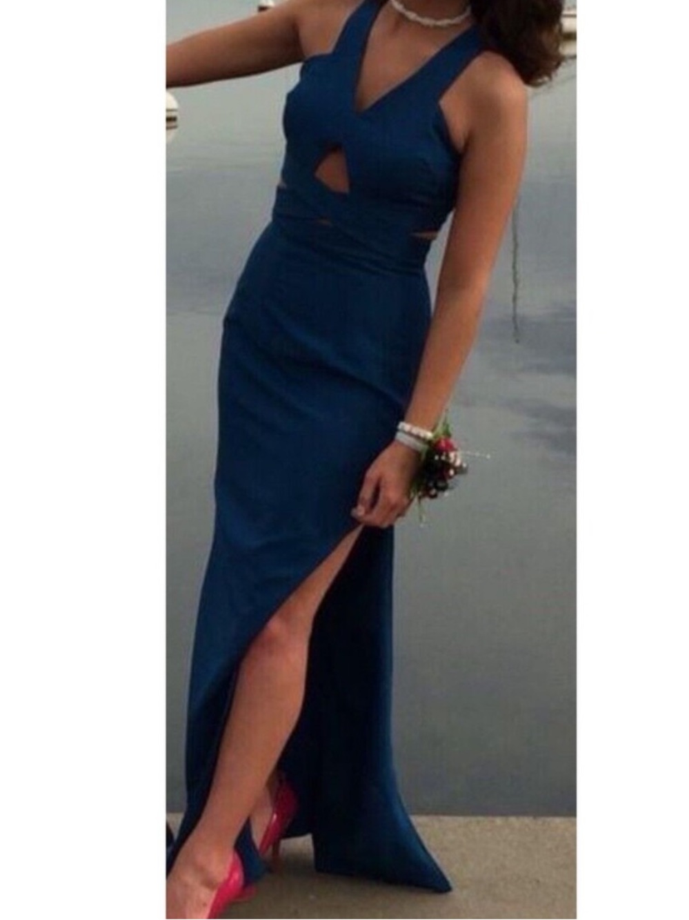 Fame & Partners Sleeveless Maxi Bridesmaid Dress Teal Blue Size 4 deep leg slit